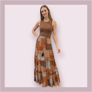 Main Strip Patchwork Print Tiered Maxi Skirt